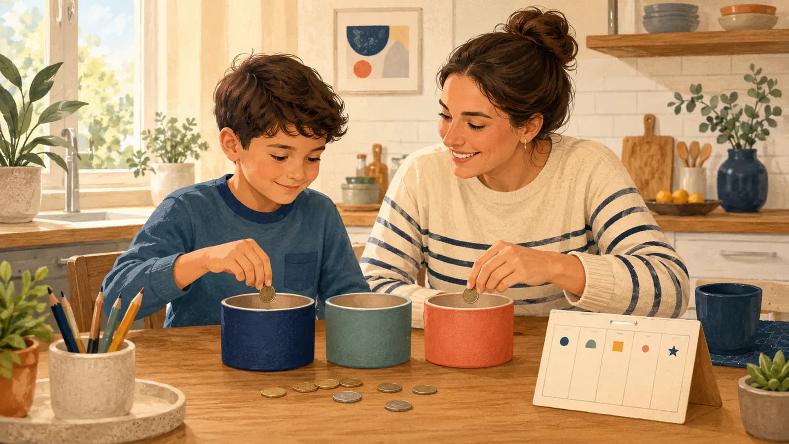 אם ובן מסדרים מטבעות בשלוש קופסאות צבעוניות סביב שולחן המטבח