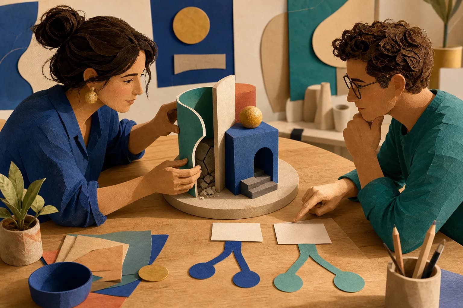 שני אנשים בוחנים יחד מודל רעיוני ומגלים בו נקודת חולשה לצד שתי חלופות